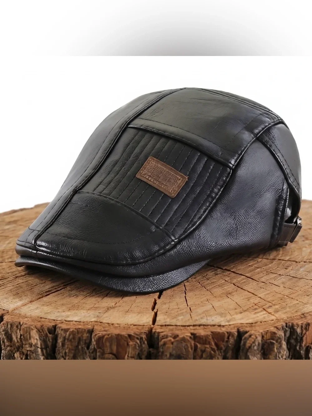 Black Leather Patch Detail Flat Cap